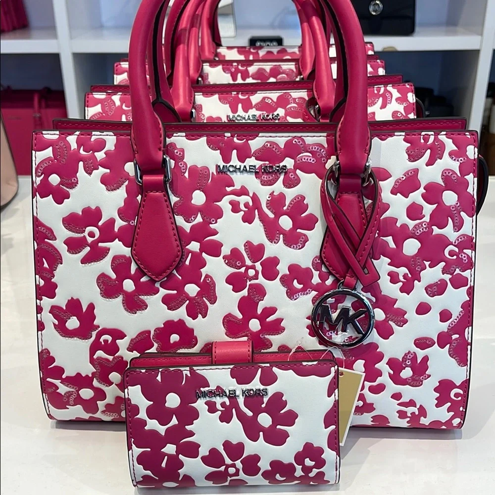 Michael Kors Sheila Md Sequined Floral Print CZ Satchel & JST Md Bi-Fold Wallet - Picture 1 of 16